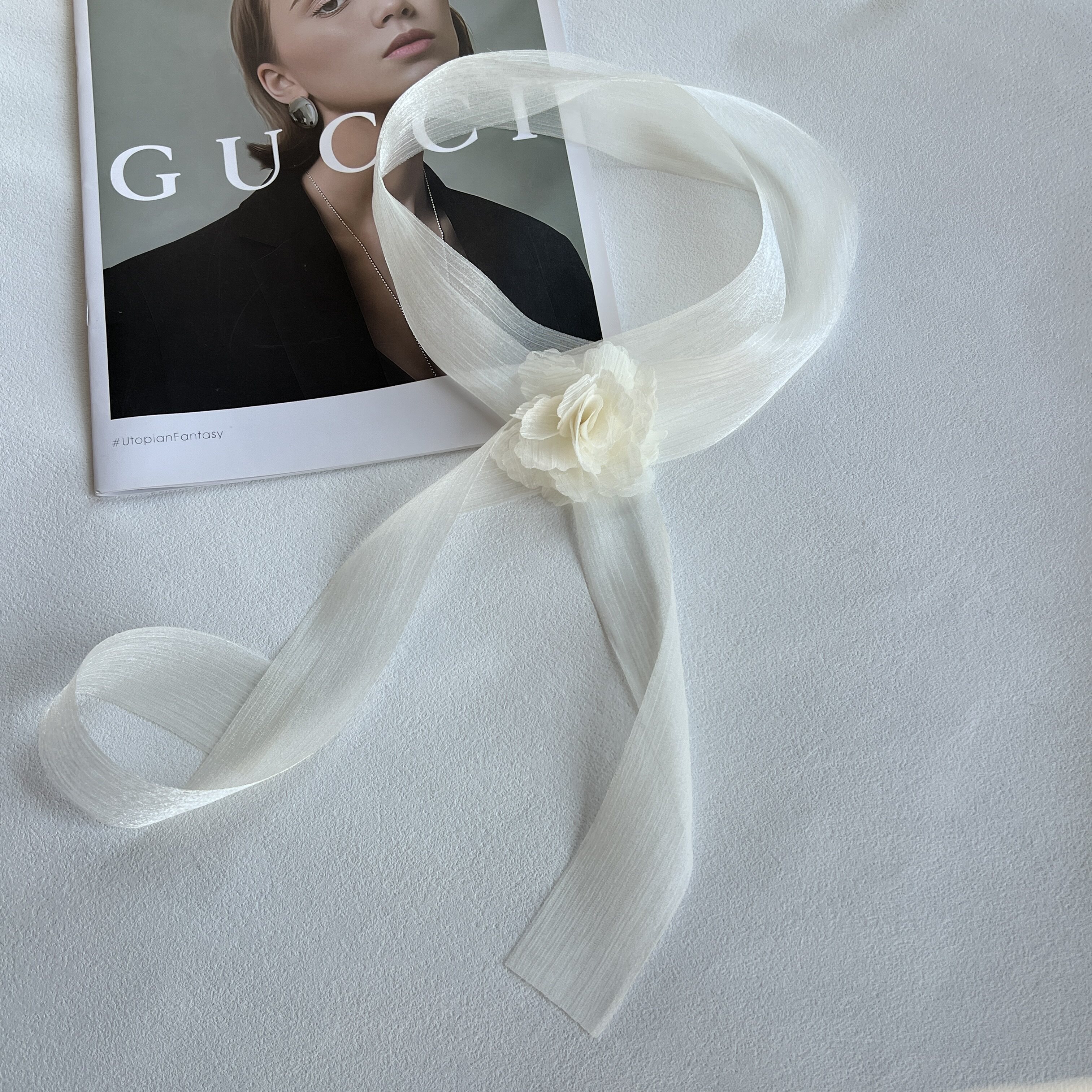 仙气米白花朵飘带项链丝巾飘带法式浪漫长条围脖颈带新娘婚纱拍照