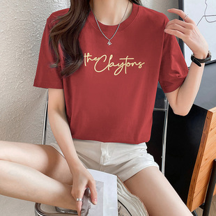 260g重磅纯棉t恤女短袖宽松半袖洋气设计感小众红色上衣正肩体恤