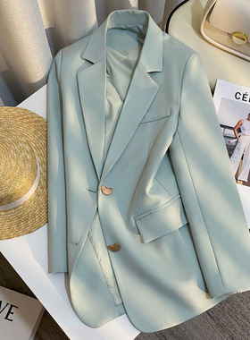湖绿色气质百搭小众2025春季西装外套女韩版单排扣设计感休闲西服