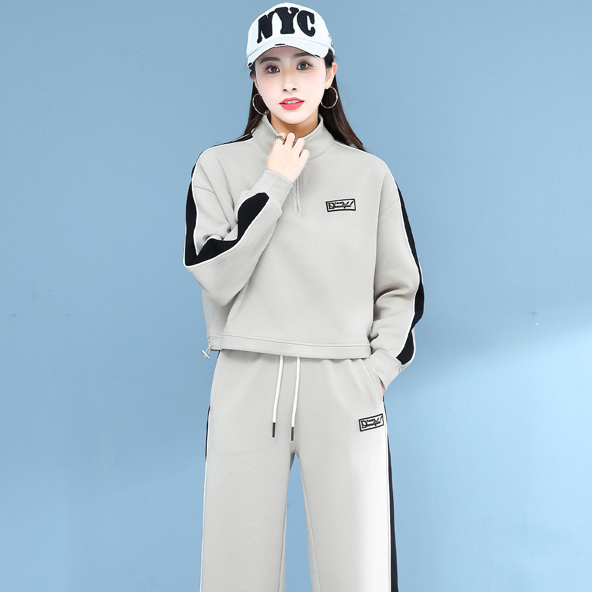 时尚套装女款两件套2026春秋新款休闲风卫衣套装宽松涤纶拼接长裤