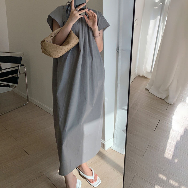 连衣裙清凉女装韩版设计感宽松休闲小灰裙御姐范盐系慵懒风茶歇裙