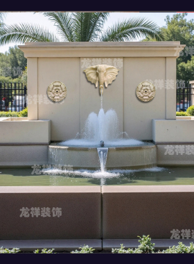 砂岩花板喷水象鼻浮雕吸财象喷泉庭院水池雕塑流水墙壁挂背景墙板