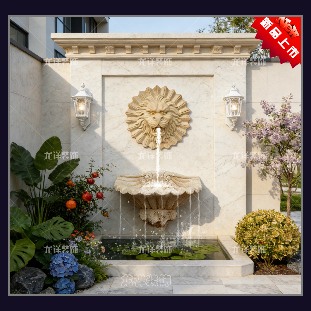 砂岩圆形狮子头喷泉玻璃钢雕塑太阳板狮子头喷水浮雕接水盆流水盆