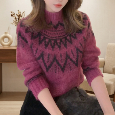 漂亮紫色费尔岛毛衣女2025新款可外穿内搭冬季慵懒针织衫打底上衣