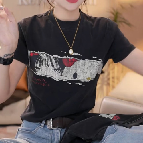 kitty猫印花正肩短袖T恤女