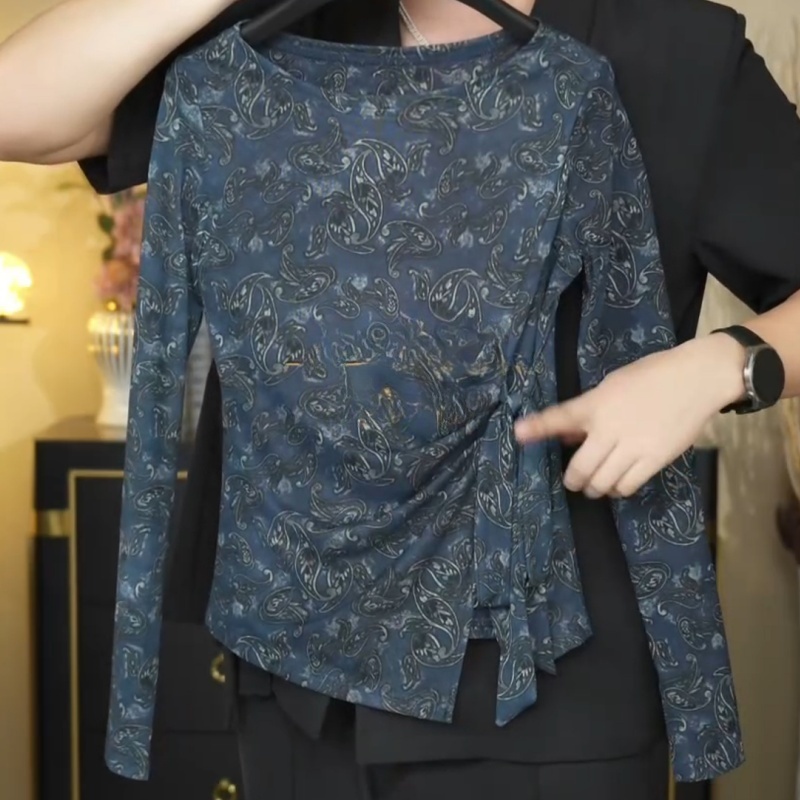 高级感腰果网纱长袖t恤女装秋季2025早秋新款绑带上衣打底衫女士