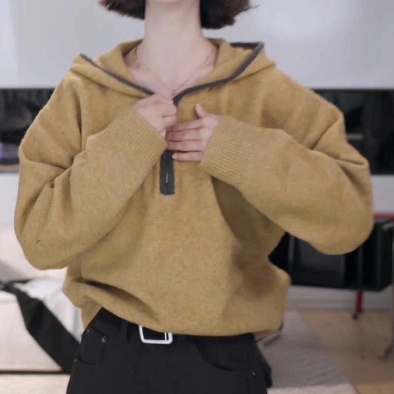 慵懒风休闲宽松针织衫女秋冬穿搭帽衫撞色软糯半拉链连帽毛衣上衣