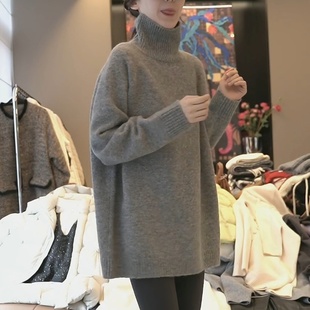 韩版慵懒风高领长袖针织衫毛衣女春季新款加厚时尚百搭灰色上衣潮