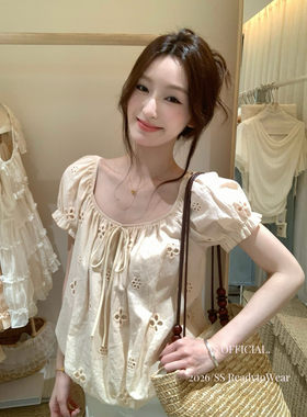 韩系甜美温柔粉色泡泡袖上衣女2026年夏季新款雪纺小衫设计感小众