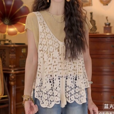 2026夏季新款复古港风假俩件夏季短袖T恤女钩花镂空减龄休闲上衣