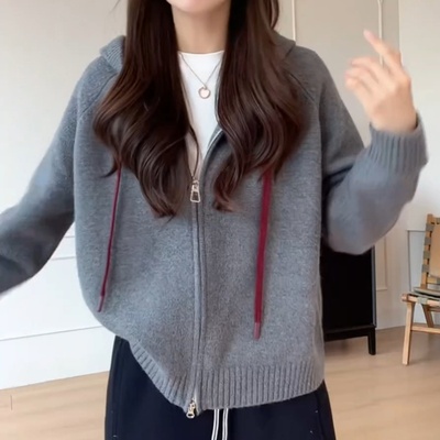 双拉链灰色连帽针织开衫女装秋冬2025新款高级感上衣女士毛衣外套