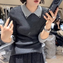欧货POLO领撞色长袖毛针织衫女2025秋季新款修身显瘦百搭洋气上衣