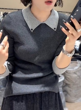 欧货POLO领撞色长袖毛针织衫女2025秋季新款修身显瘦百搭洋气上衣