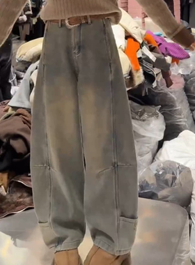 秋冬新款显瘦百搭时尚阔腿裤子加绒复古水洗做旧牛仔裤女烟管裤子