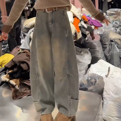 秋冬新款显瘦百搭时尚阔腿裤子加绒复古水洗做旧牛仔裤女烟管裤子