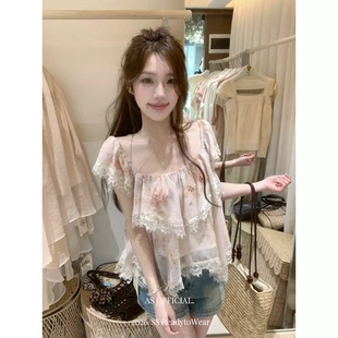 法式粉色碎花蕾丝边花瓣袖上衣女2026夏季新款雪纺小衫设计感小众