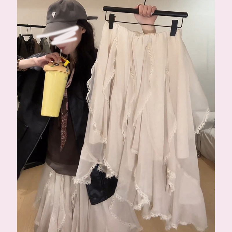 2026新款白色蕾丝半身裙女春秋不规则网纱蛋糕裙高腰显瘦仙女长裙