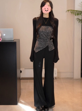 【莫言相顾】千金风拼接收腰圆领上衣+高腰加绒微喇裤时尚两件套