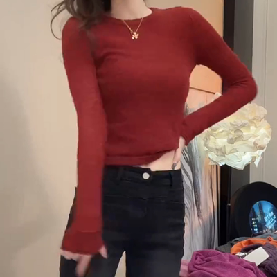 红色马海毛针织衫长袖女装秋冬季2025新款修身上衣打底衫圆领毛衣