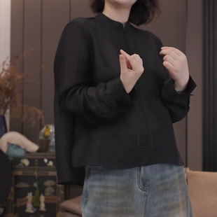 新款 女2025秋季 高级感chic别致上衣 衬衫 极简风高级感黑色立领长袖
