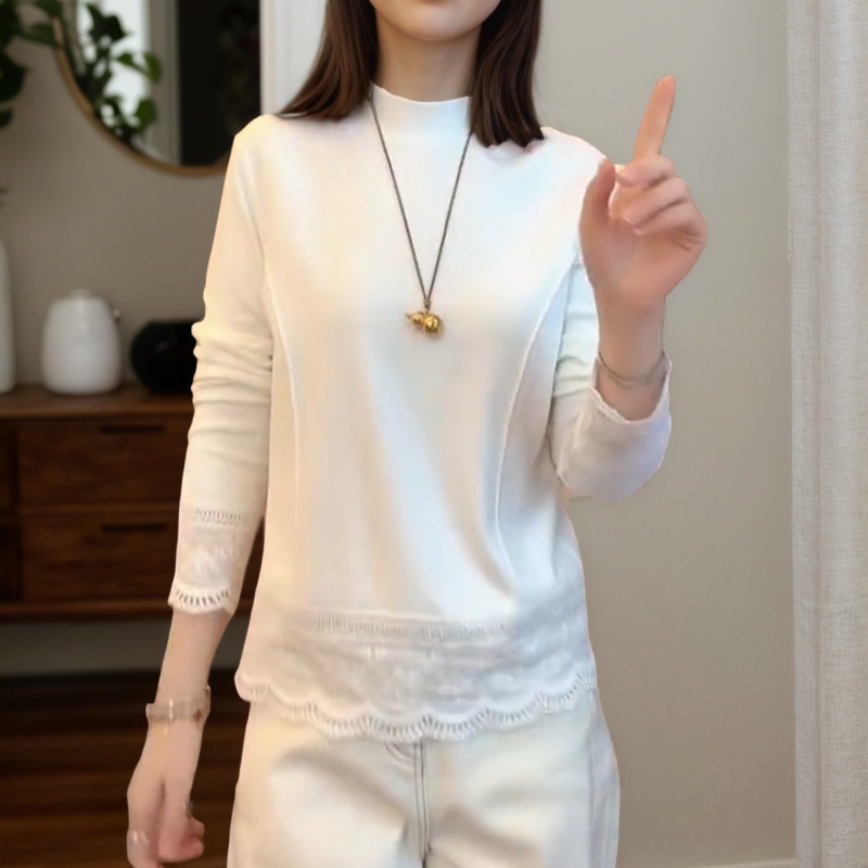 法式蕾丝拼接双面德绒上衣女2025秋冬新款加厚保暖宽松显瘦打底衫