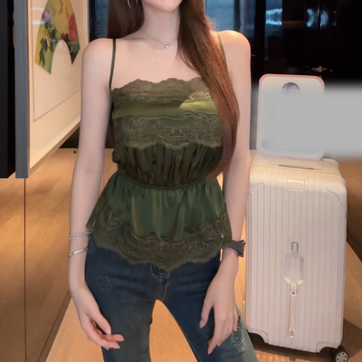 法式绿色荷叶边蕾丝吊带背心女装夏季巨好看性感纯欲修身辣妹上衣