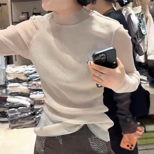 欧货高领网纱T恤女欧洲站气质时尚双层网纱亮晶晶微透性感上衣