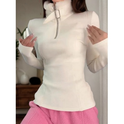 冬季新款时尚气质休闲百搭显瘦加厚拉链长袖卫衣半开领拼接上衣女