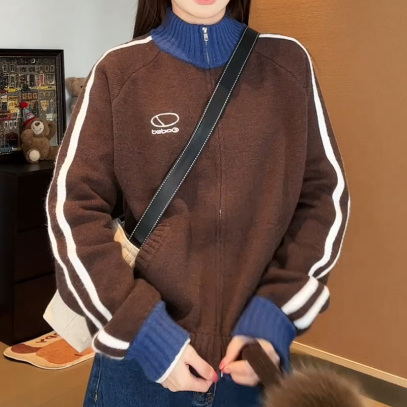 美式复古幽灵立领拼色毛衣外套设计感休闲百搭开衫短外套针织上衣