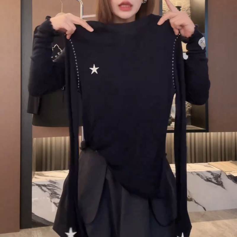 【鱼骨线刺绣长袖】纯色圆领套头T恤女早秋2025新款打底衫上衣