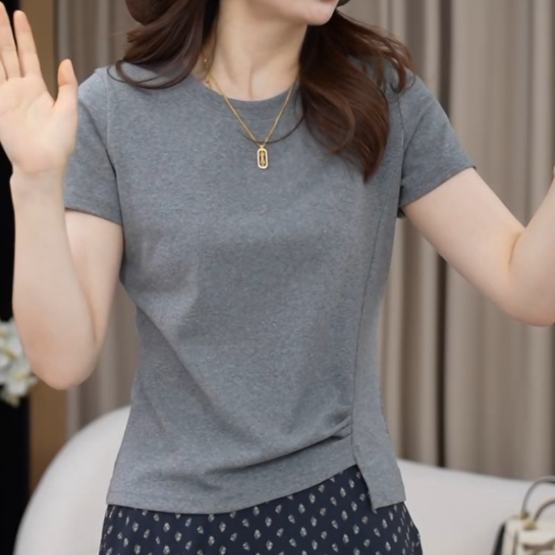 灰色圆领侧压褶设计感短袖T恤