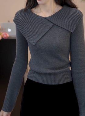 高级感大翻领针织打底衫女秋冬2025新款叠穿内搭上衣收腰灰色毛衣