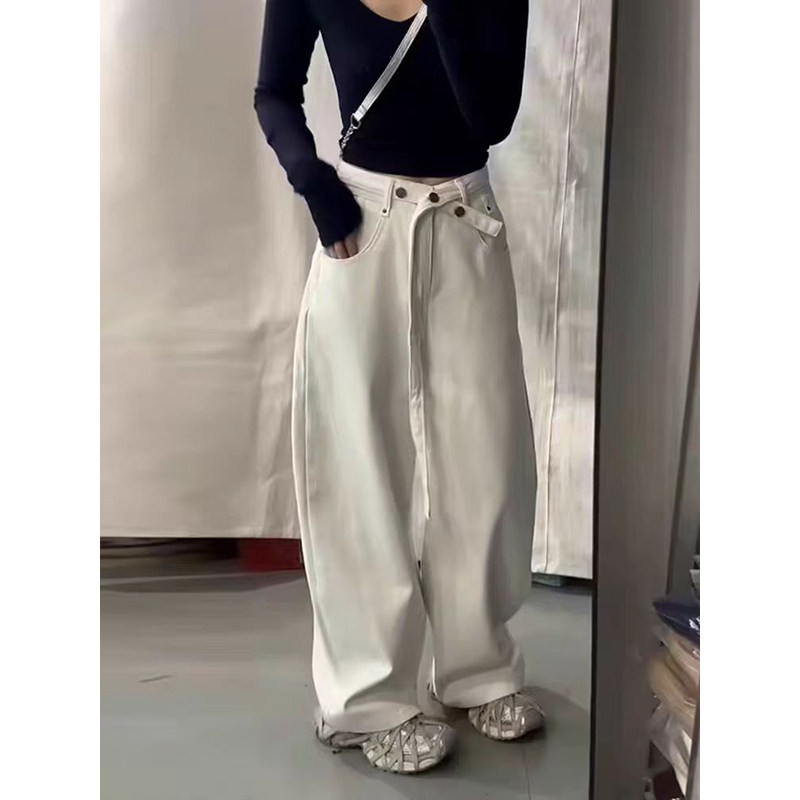 2025春季新款高腰设计感斜系带加绒牛仔裤女韩版时髦宽松阔腿长裤