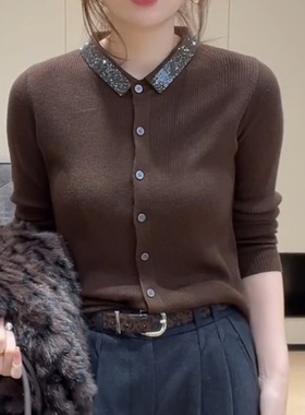 烫钻翻领单排扣长袖针织开衫女秋冬2025新款打底修身显瘦百搭上衣