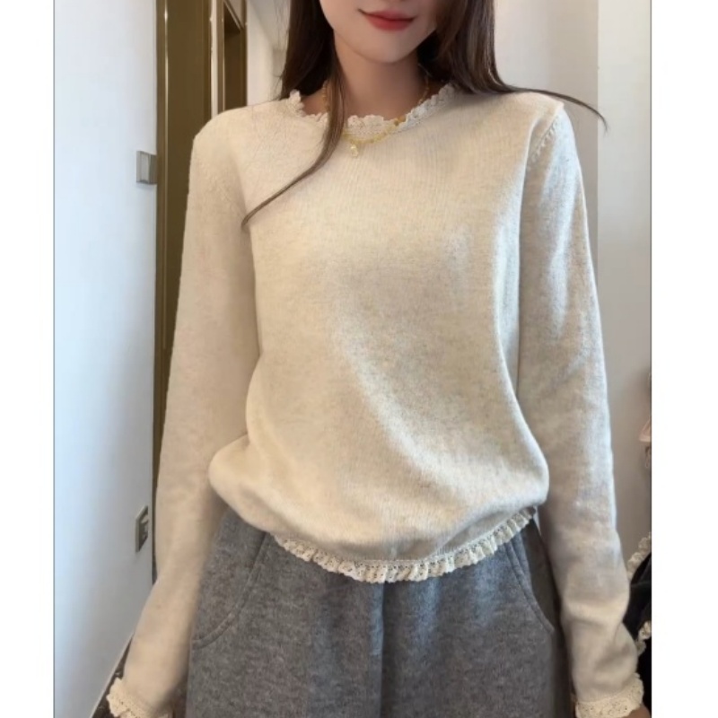 韩系蕾丝花边木耳边针织打底衫女2025秋冬季毛衣内搭软糯气质上衣