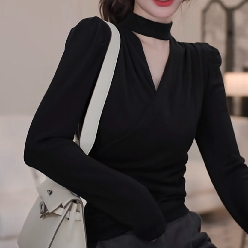 黑色v领挂脖纯欲风上衣女