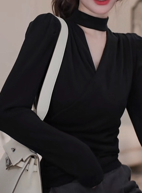 秋冬新款黑色v领挂脖纯欲风上衣女冷淡系高级感修身内搭打底衫T恤
