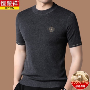 恒源祥秋冬季100%羊毛衫短袖男士圆领中青年针织半袖毛衣打底衫男