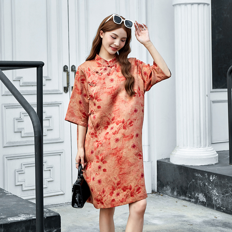 桑蚕真丝香云纱复古盘扣夏短袖中国风式旗袍印花新中长款女连衣裙
