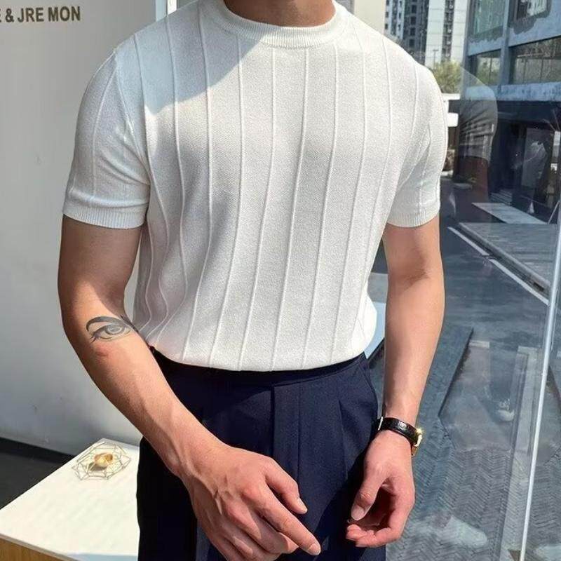 韩系针织T恤男夏季新款圆领t恤半袖男短袖薄款冰丝打底衫体恤帅气