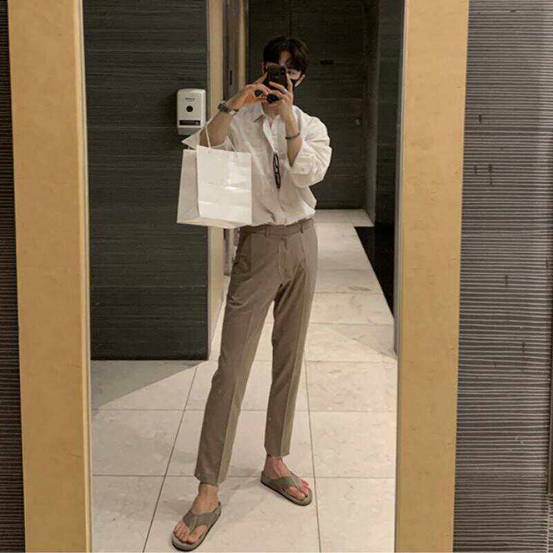 韩国新款男士修身显瘦薄款长裤休闲直筒裤子青年潮春款帅气西裤男