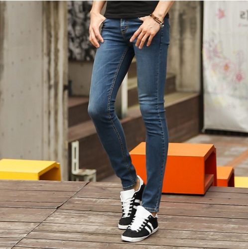 韩国小脚做旧复古紧身牛仔裤男明星同款秋款修身牛仔长裤小脚裤男