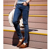 韩国复古原色紧身弹力猫须深蓝色牛仔裤 男 长裤 男明星同款 小脚修身