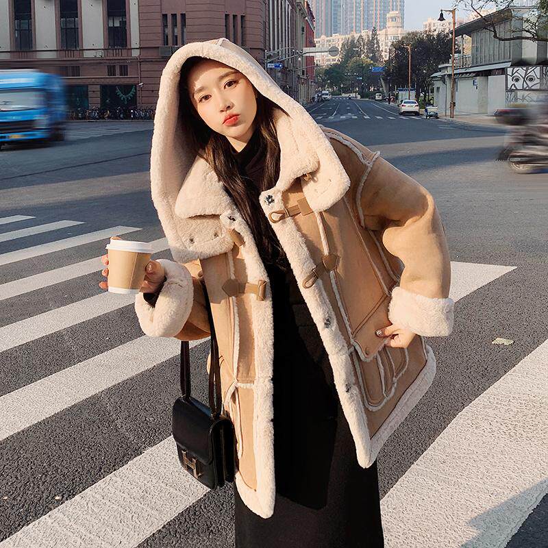 加厚连帽皮毛一体中长款2025冬季新款加绒羊羔绒小个子外套女鹿皮