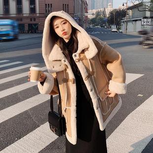 加厚连帽皮毛一体中长款2025冬季新款加绒羊羔绒小个子外套女鹿皮