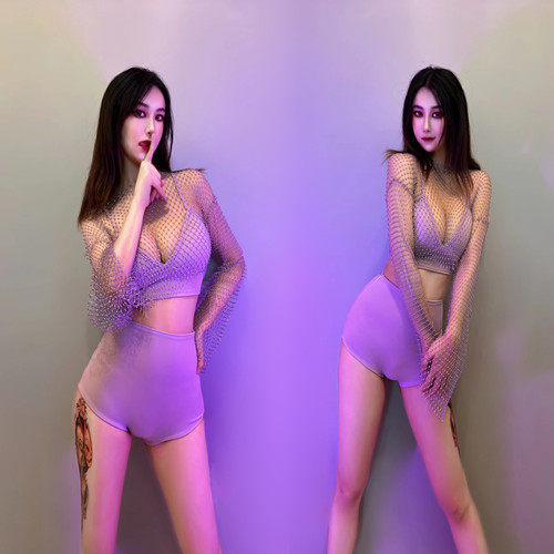夜场领舞紫色亮钻网DJ女舞台套装