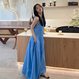 小个子学院风减龄长裙时尚穿搭蓝色宽松花苞裙无袖连衣裙夏季新款，女装连衣裙，2C231