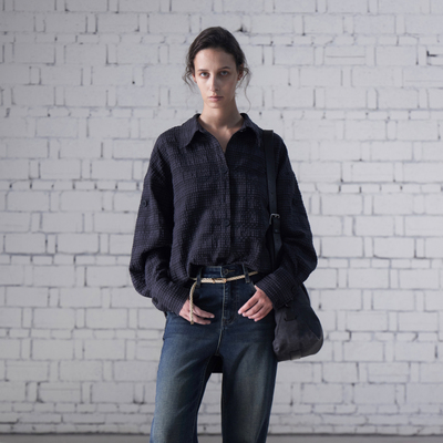 日产暗纹格子长款衬衫