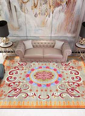 复古法式欧式花纹民族风橘黄色客厅卧室床边地毯防滑地垫
