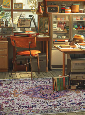 仿羊绒可机洗紫色花卉波斯民族风卧室客厅防滑地毯地垫